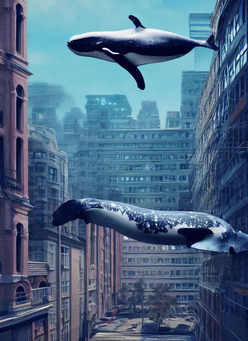 Image similar to whale flying over a building, wearing fashion clothing, id magazine, hyperrealism, detailed textures, photorealistic, 3 d city, ultra realistic, cinematic, intricate, cinematic light, unreal engine 8 k, octane render, unreal engine, david kostic, artgerm