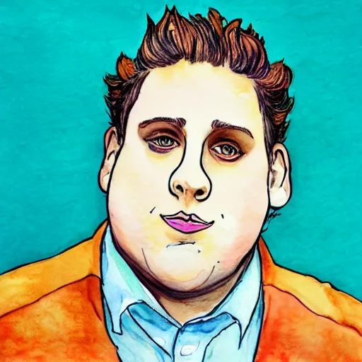 Prompt: jonah hill, stylized. Watercolor and ink. 1990s.