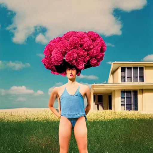 Image similar to giant flower head, full body, girl standing by 1 9 6 0 house, surreal photography, symmetry, mid century, flat light, bright colours, blue sky, realistic, wes anderson