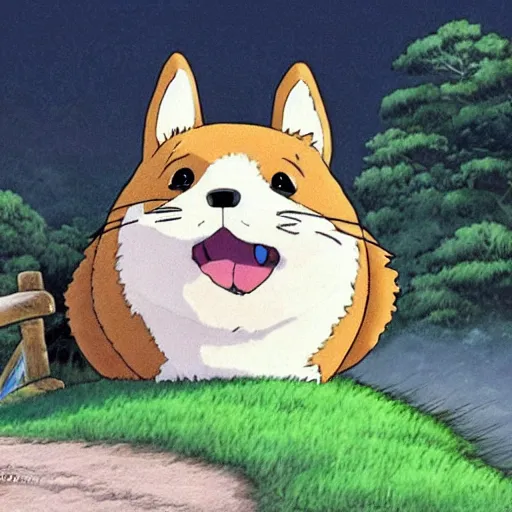 Prompt: an adorable corgi totoro, scenic landscape background, beautiful, anime, ghibli