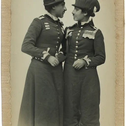 Prompt: two women soldiers in uniform gossiping, 1800s, photograph