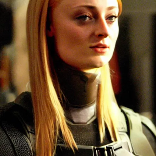 Prompt: sophie turner as starbuck from battlestar galactica 2 0 0 3, behind the scenes photo
