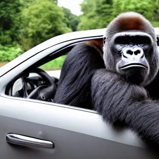 Prompt: a gorilla in a car with a dog