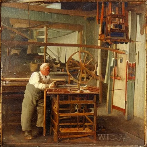 Image similar to old boat builder at work in his shop. late 1 9 th century. oil on canvas.