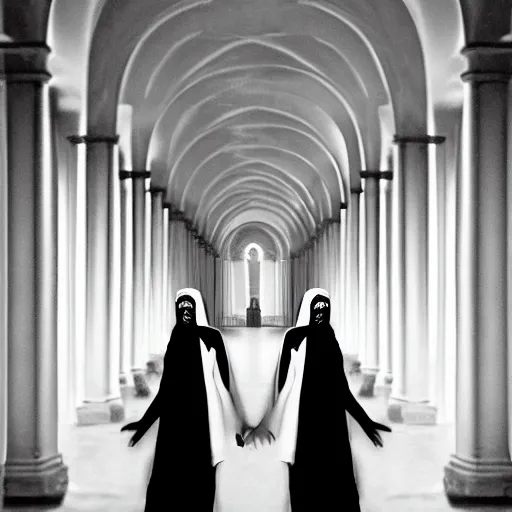 Prompt: nightmare vision, short depth of field. black and white, award winning photo of smiling levitating twin nuns, wearing translucent sheet, Mary in a sanctuary, mirror hallways, eerie, tall columns, frightening —width 1024 —height 1024