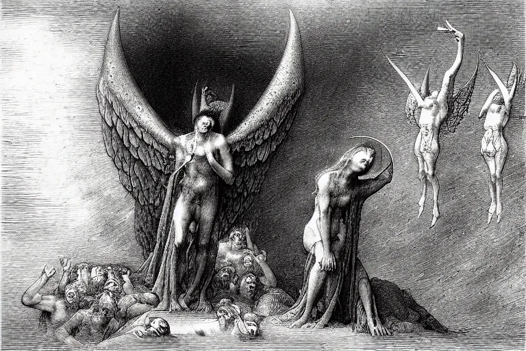 Image similar to fallen angel begs to enter the gates of hell by gustave dore and les edwards and hieronymus bosch