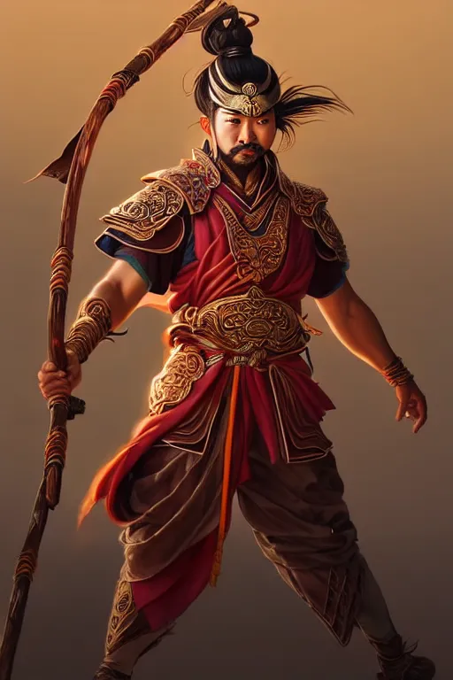 Image similar to handsome nezha, highly detailed, man holding spear, flame everywhere, epic pose, masterpiece chinese fantasy character portrait, highly detailed, digital painting, trending on artstation, concept art, sharp focus, illustration, global illumination, ray tracing, realistic shaded, art by artgerm and greg rutkowski and fuji choko and viktoria gavrilenko and hoang lap