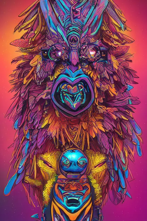 Image similar to totem animal tribal chaman vodoo mask feather gemstone plant wood rock video game illustration vivid color borderlands by josan gonzales and dan mumford radiating a glowing aura