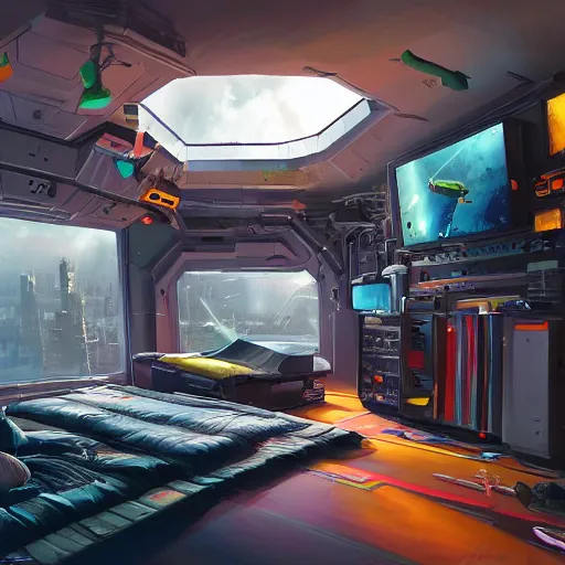 Prompt: a 00s bedroom in a spacestation, intense sci-fi details, realism, colorful, hyper detailed, futuristic, technology, cinematic atmosphere, arnold render, trending on artstation, cgsociety,