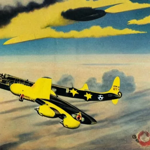 Image similar to yellow and black painted b 2 9 bomber dropping bombs, ww 2 propaganda poster, highly detailed, no text