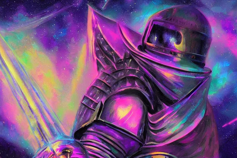 Image similar to digital art of a spiritual medieval knight looking up at the stars, acrylic art, universe, painting, pastel colors, synthwave, retro, cyberpunk,