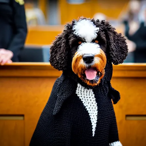 Image similar to a closeup photorealistic photograph of a cute smiling knitted bernedoodle judge dog dressed in a black gown, presiding over the courtroom. professional capture, well lit shot. this 4 k hd image is trending on artstation, featured on behance, well - rendered, extra crisp, features intricate detail, epic composition and the style of unreal engine.