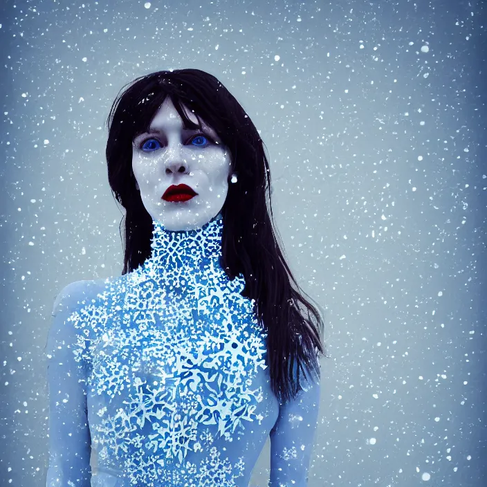 Image similar to a woman wearing a highneck dress made out of snowflakes. she is sickly looking and dying of hypothermia. pale blue lips. full body digital portrait by maromi sagi