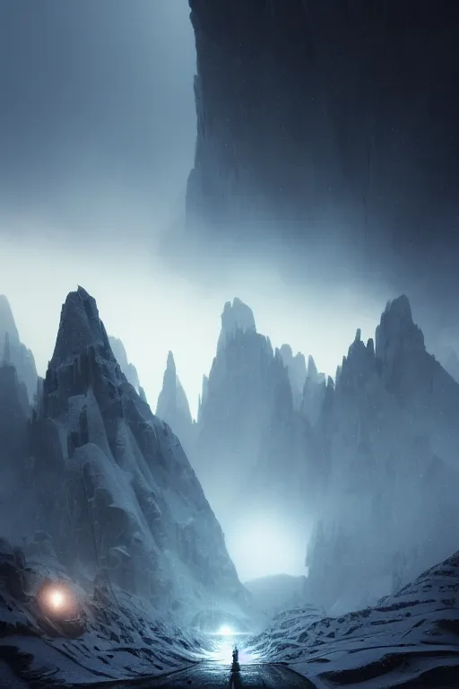 Image similar to futuristic atmosphere in the snowy mountains dolomites 3 d concept art, cinematic lighting, rule of thirds, depth of field, intricate details, building by zaha hadid, stormy weather, emissary space by arthur haas and bruce pennington and john schoenherr, cinematic matte painting, dark moody colors, trending on artstation, featured on behance