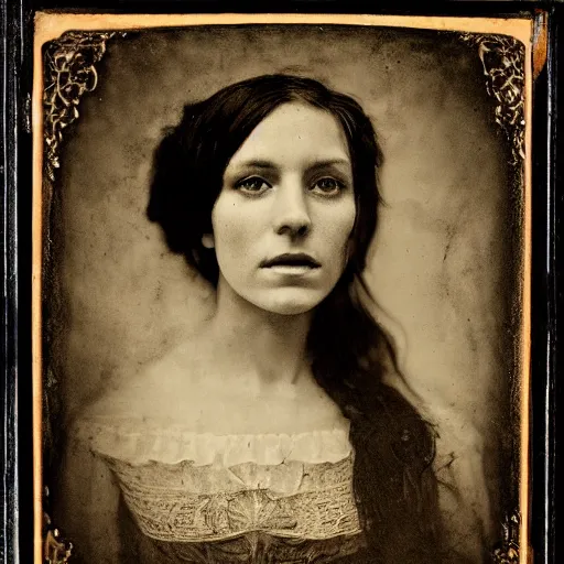 Prompt: old wetplate daguerreotype portrait of a beautiful woman, 3 0 years old, fractal, intricate, elegant, highly detailed, parallax, leica, medium format, subsurface scattering, by jheronimus bosch and greg rutkowski and louis jacques mande daguerre