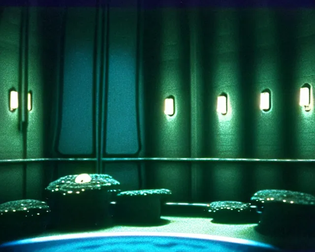 Prompt: interior shot of a space port at night, aquatic plants, shabby chic, cinematography by Jim Jarmusch, composition by Hale Woodruff,in the style of Addy Campbell, set design by Ed Wood, 35mm, graflex, color film photography