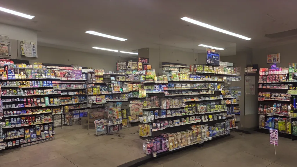 Prompt: empty convenience store, liminal space, serene lighting