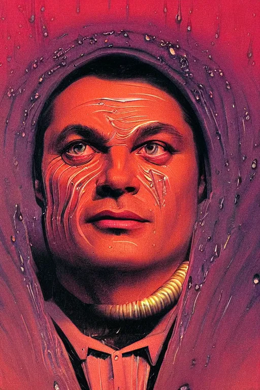 Image similar to 8 0 s art deco close up portait of viktor orban as shai hulud, rain like a dream oil painting curvalinear clothing cinematic dramatic cyberpunk textural fluid lines otherworldly vaporwave interesting details fantasy lut epic composition by basquiat zdzisław beksinski james jean artgerm rutkowski moebius francis bacon gustav klimt