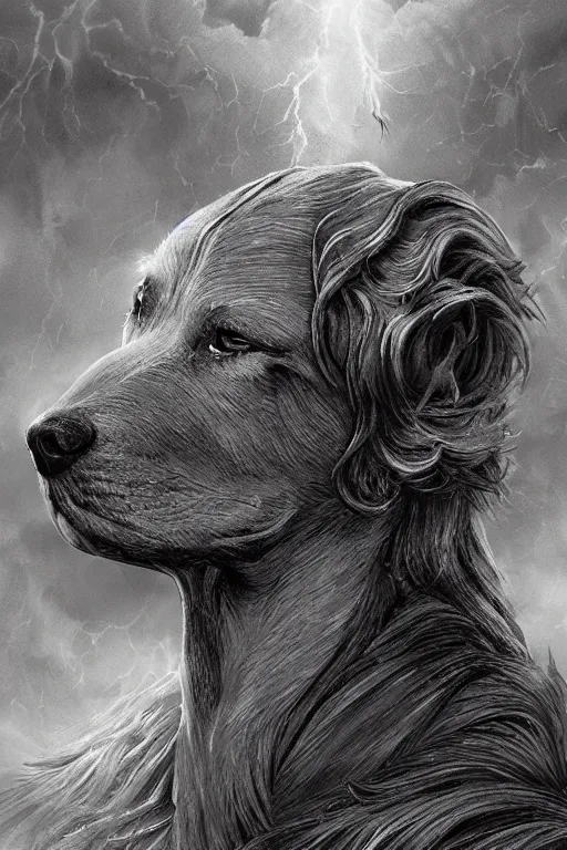 Image similar to Dog as a god, detailed face, gorgeous, amazing, flowing hair, very muscular male body, partial anatomy, stormy background, caesar victorious, proud Emperor, crepuscular ray, intricate, highly detailed, 8K, digital painting, fantasy, artstation, concept art, sharp focus, over-shoulder shot, illustration, art by Wayne Barlowe and alphonse mucha