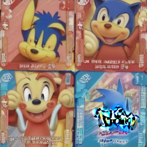 Image similar to photograph of winnie the pooh and super mario and sonic the hedgehog anime style, on pokemon card packs at target