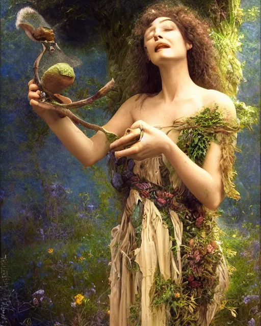 Image similar to dryad musician, portrait, with a feathered mouse friend, studio lighting by jessica rossier and brian froud and gaston bussiere