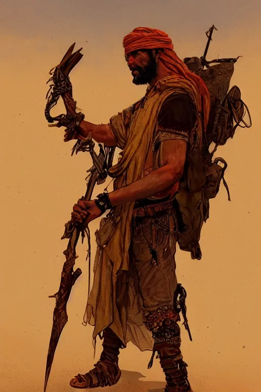 Image similar to a full body portrait of a beautiful post apocalyptic offworld desert bedouin blind barbarian leper laying by the roadside, begging, intricate, elegant, highly detailed, digital painting, artstation, concept art, smooth, sharp focus, illustration, art by krenz cushart and artem demura and alphonse mucha