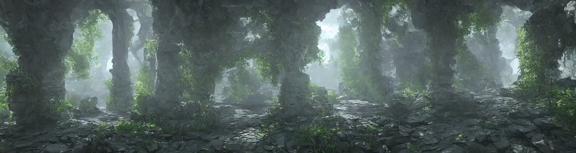 Image similar to oil painting of the entrance to ethereal realm, rendered in unreal engine, central composition