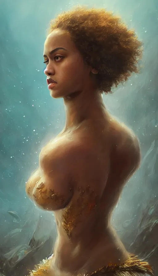 Image similar to dramatic upper body portrait of Nathalie Emmanuel as a mermaid by Ruan Jia and Mandy Jurgens and Artgerm and william-adolphe bouguerea, highly detailed, trending on artstation, award winning