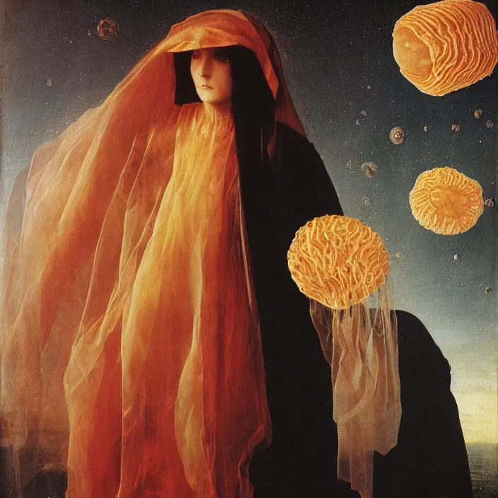 Prompt: a closeup portrait of a cloaked woman floating next to an jellyfish nebula, jellyfish nebula, by jan van eyck