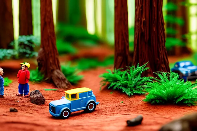 Image similar to fisher price redwood forest, california scene from tv show hyper detailed 5 5 mm 8 5 mm, toy photography, made out of plastic