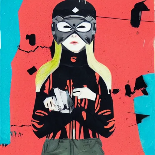 Prompt: Elle Fanning wearing a Taiwan special forces mask picture by Sachin Teng, asymmetrical, dark vibes, Realistic Painting , Organic painting, Matte Painting, geometric shapes, hard edges, graffiti, street art:2 by Sachin Teng:4