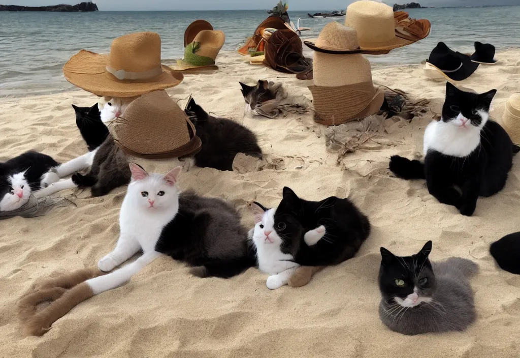 Image similar to cats wearing fedoras relaxing on a beach