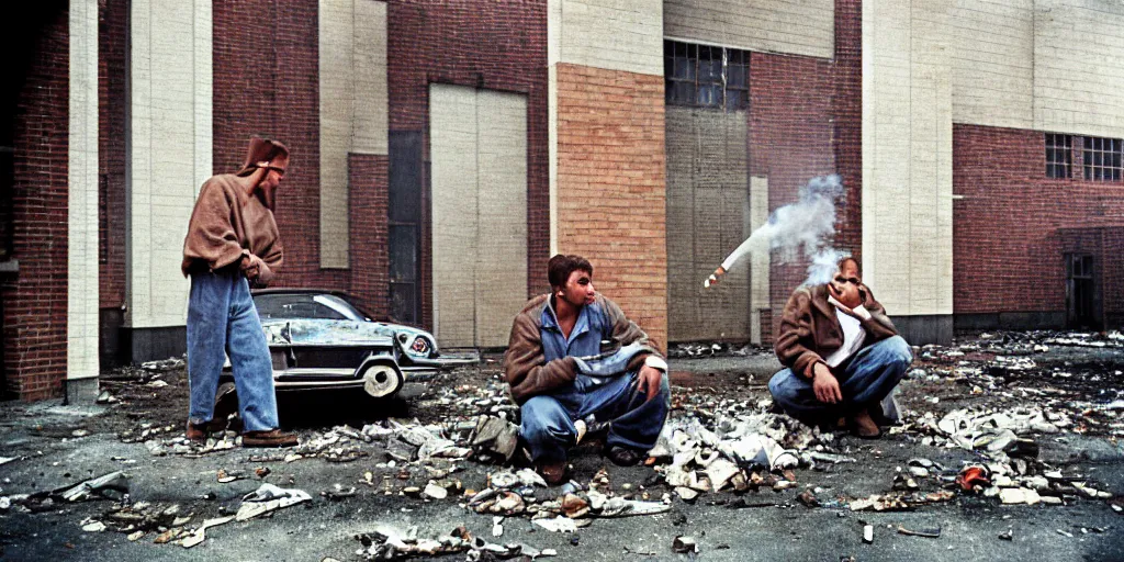 Prompt: detroit apartment buildings on the background, courtyard, two factory workers are smoking cigarettes, faces closeup, hood, abandoned 1 9 7 0 s cars, ultra detailed, 3 5 mm photography, coloured film photography, russ marschall photography style