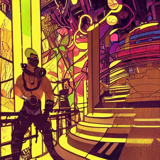 Prompt: incan cyberpunk with scenic background. portrait illustration, pop art, art by ashley wood, alphonse mucha, laurie greasley and josan gonzalez. cinematic. dynamic lighting. realistic proportions. creative design. cel shading, clean aesthetic