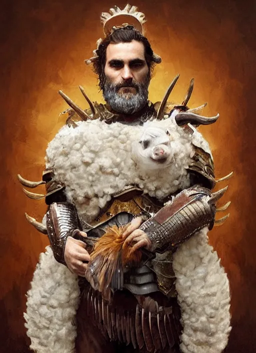 Prompt: digital painting of joaquin phoenix with an armor made of animals, cow horns, pig nose, sheep wool, chicken feather armor, majestic, by anna podedworna, by miklos ligeti, by diego maricato, by taran fiddler, by antonino truisi, by chris reddie, by jinsung lim, trending on artstation