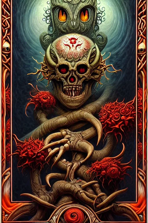 Image similar to A beautiful detailed grotesque monster super cute tarot card, by tomasz alen kopera and Justin Gerard, symmetrical features, ominous, magical realism, texture, intricate, ornate, royally decorated, skull, skeleton, whirling smoke, embers, red adornements, red torn fabric, radiant colors, fantasy, trending on artstation, volumetric lighting, micro details, 3d sculpture, ray tracing, 8k, anaglyph effect