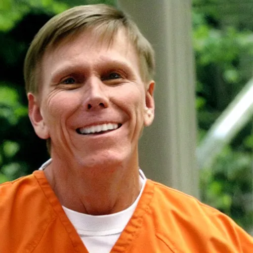 Image similar to pastor kent hovind in orange prison uniform, smiling, still from orange is the new black