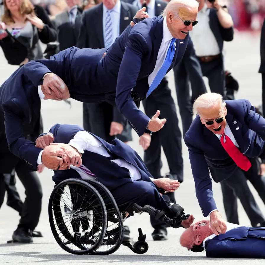 Image similar to joe biden falling off his wheelchair faceplanting on the ground, award winning photo