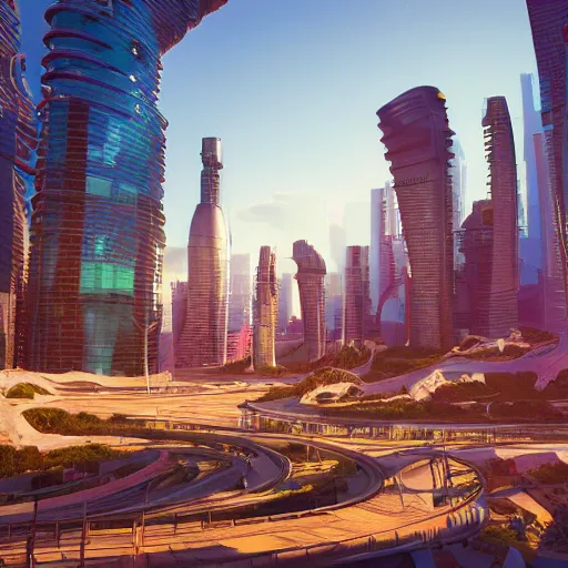 Prompt: photo of a futuristic city in a bright colorful future made of natural materials. Very detailed 8k. Unreal engine 5 render with nanite, global illustration and path tracing. Volumetric lighting. Cinematic post processing.