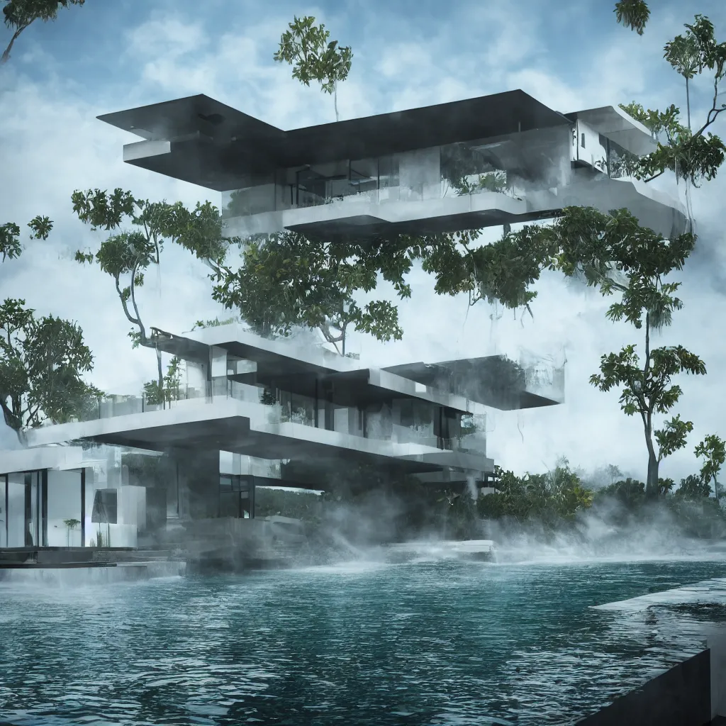 Prompt: a floating modern la style house floating above the clouds, water fall falling from an infinity pool. octane render, v - ray, cinematographic, photo - bash, beautiful atmospheric background, ambient occlusion