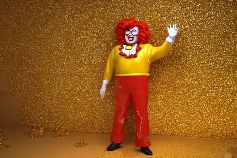 Image similar to a still of ronald mcdonald surrounded by gold and diamonds, award - winning, photograph, 3 d render, unreal engine, 4 k detailed