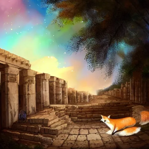 Prompt: a beautiful small fox in the huge ruins of the second temple in jerusalem : : dreamy sky : : the third temple hovers quietly in the sky above : : very colorful painting 8 k trending on art station : : intricate details, very realistic, cinematic lighting, volumetric lighting, photographic blur bokeh defocus dof sky. - c 1 5