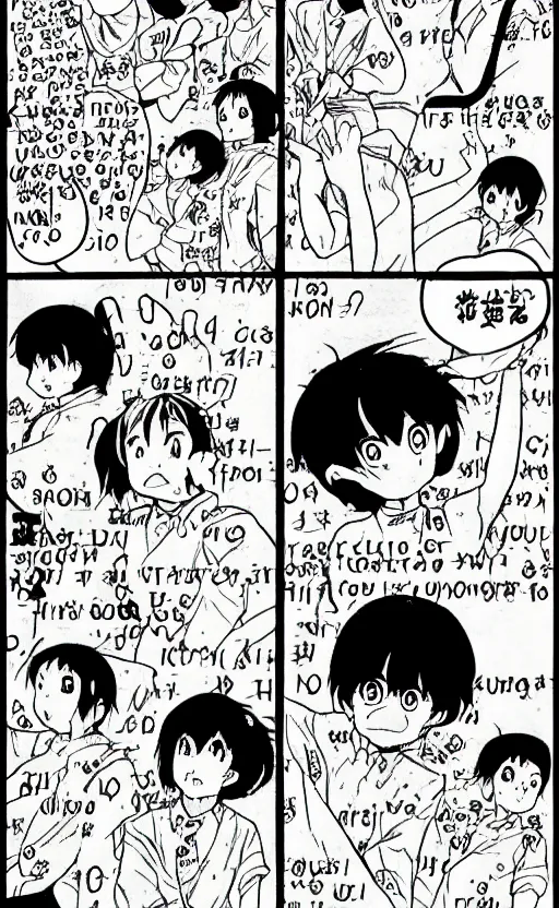 Image similar to multi-panel manga comic by Naoko Takeuchi and Junji ito, four panel black and white 4-koma, School comedy shoujo manga