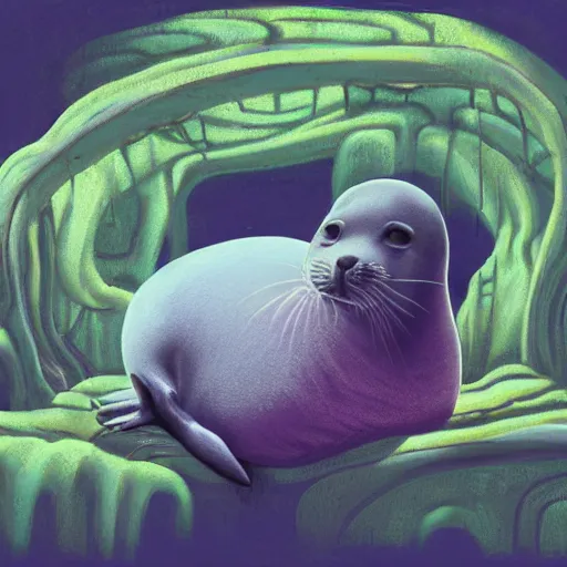 Prompt: Prince in pastel!!!!, **whimsical acrylic modern pop surrealism, Even Giger-y dark overlords living in the ruins of an ancient system of tunnels and caves like to be comfy every once in a while!,** A seal sleeping peacefully in a kelp forest, **cinematic, hyper realistic, detailed, 8k, octane render**.