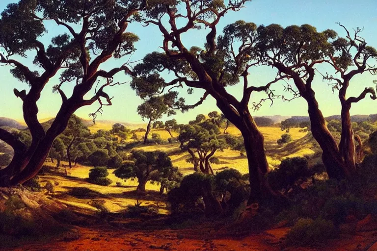 Prompt: masterpiece painting of oak trees on a hillside overlooking a creek, dramatic lighting, by albert namatjira