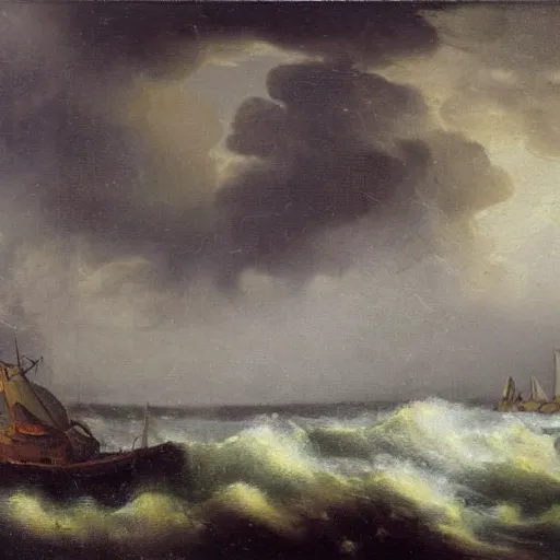 Prompt: dutch master style oil painting of a stormy night at sea, high art