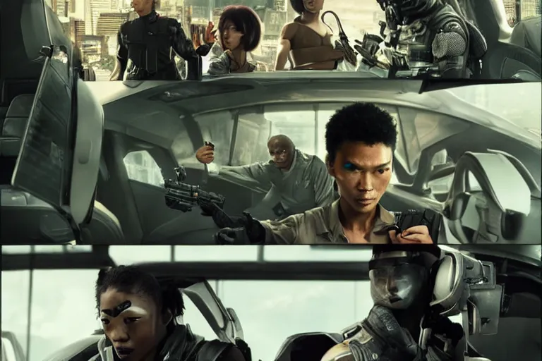 Image similar to movie diverse interracial team of Japanese sci-fi futuristic robbers armed with rifles interior clean futuristic tactical van, cyberpunk city, beautiful skin, Symmetrical faces. natural lighting by Emmanuel Lubezki