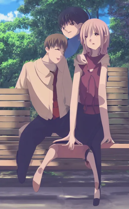 Image similar to a midshot perspective of a guy and a girl sitting on a bench together both blushing and looking away, slice of life anime digital art, 4k ultra