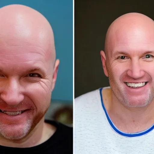 Image similar to He is white, middle aged, and completely bald. He looks like actor Glenn Langan. He has no facial hair, no beard, no eyebrows and no eyelashes. He has an average build. He has big round blue eyes.