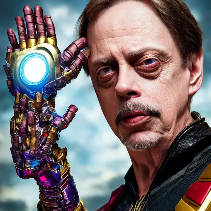 Prompt: portrait of Steve buscemi, wearing the infinity gauntlet. intricate artwork. octane render, trending on artstation, very coherent symmetrical artwork. Marvel. cinematic, high detail, octane render, 8k, iridescent accents